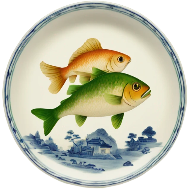 Two fish one above the other but green and beige china dish print emoji