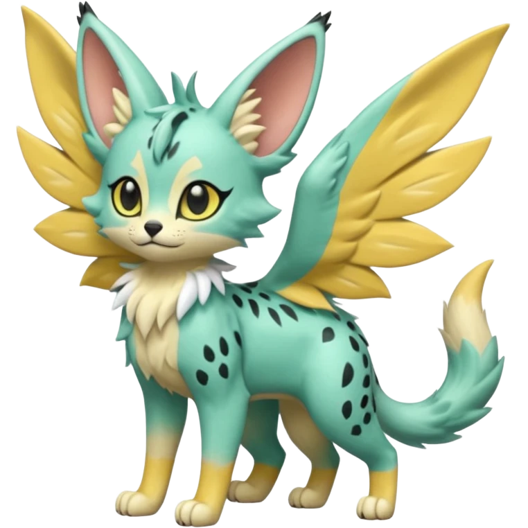 Epic complex detailed pastel minty green, pastel beige yellow pastel realistic aesthetic-scenic-Fakémon-Zorua-Litten-Trico-Sergal-Serval-Vernid-creature (full body) with far wings, shiny sparkly fairycore theme  emoji