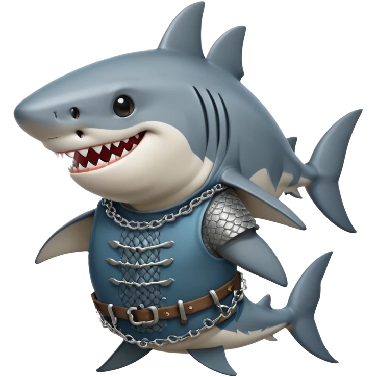 Anthropomorphic shark without head fins, wearing a gambeson and chainmail coif with messy black hair smiling emoji