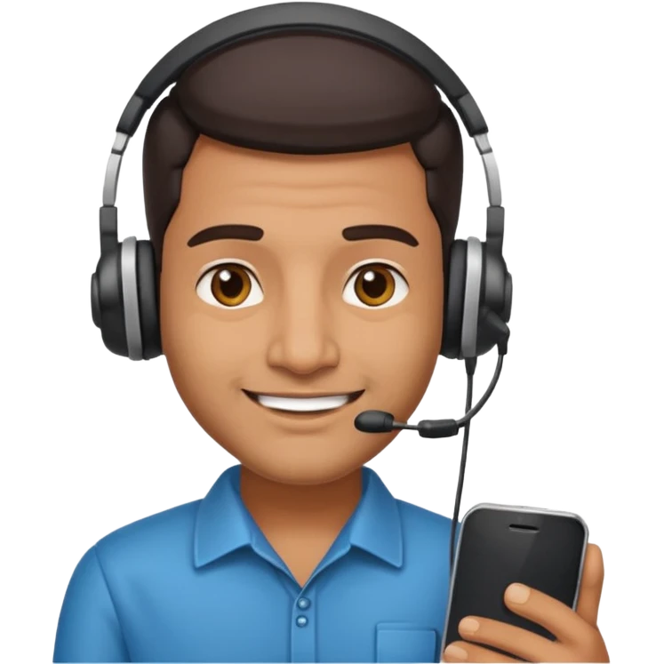 Indian man with a headset, smirking, holding a phone emoji