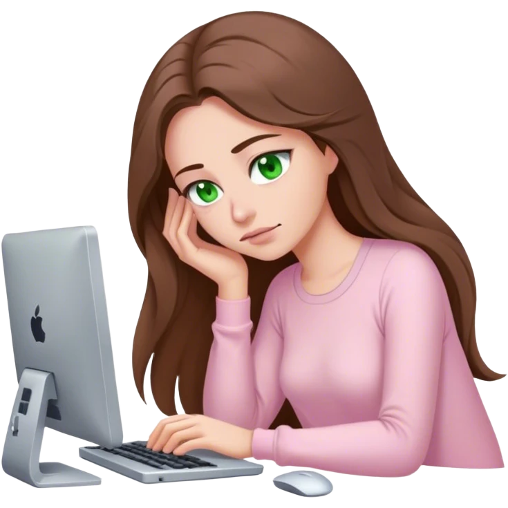 pretty woman with very long brown hair and green eyes and light pink outfit sleepy working on a computer emoji