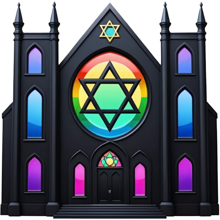 jewish synagogue temple in dark goth aesthetic style with black building and rainbow tint glass windows and star of david emoji