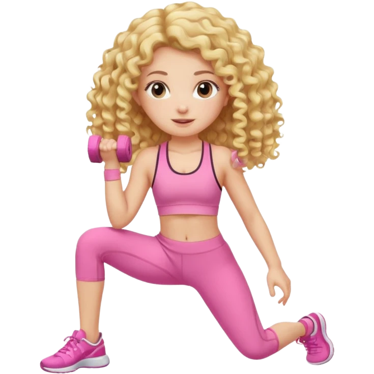 long hair curly blond haired girl DOING EXERCISE in a cute pink set emoji