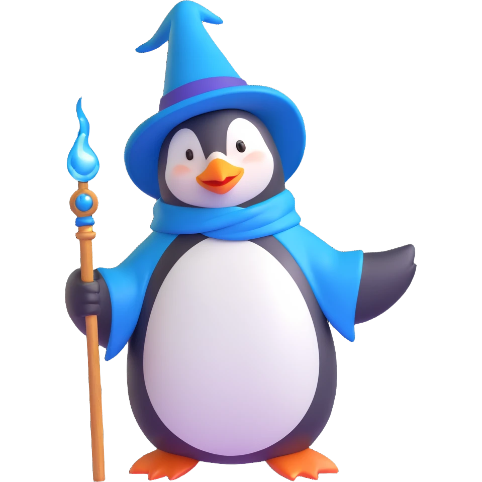 ios 3D style emoji of a penguin wizard with a blue hat and wand, casting a spell emoji