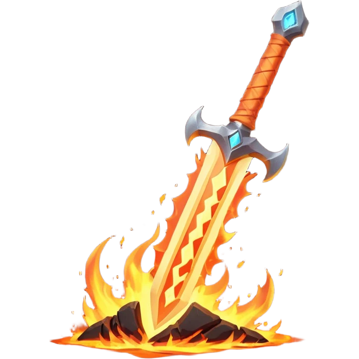 fire guardian sword object icon, flaming blade, glowing lava runes, ember sparks, fantasy weapon, 3D cartoon, mobile game icon style, centered, clean background, no text, no watermark
 emoji