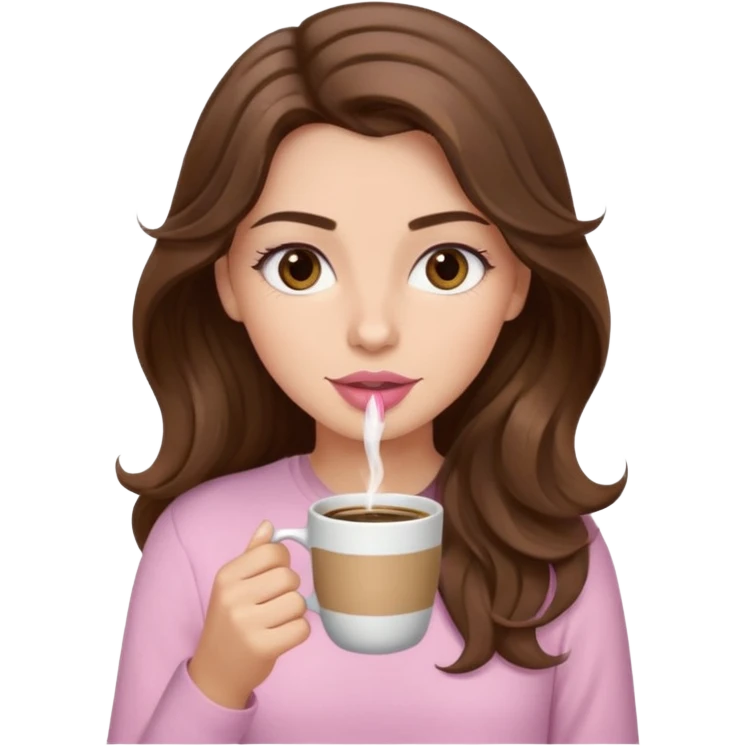 girl with wavy long brown hair, brown eyes, light to medium complexion, long lashes, light pink lipstick, wearing light pink shirt, sipping coffee emoji