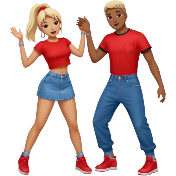 Couple dancing with girl in front twerking girl wearing denim mini skirt with a red crop top guy wearing black jersey with denim baggy pant emoji