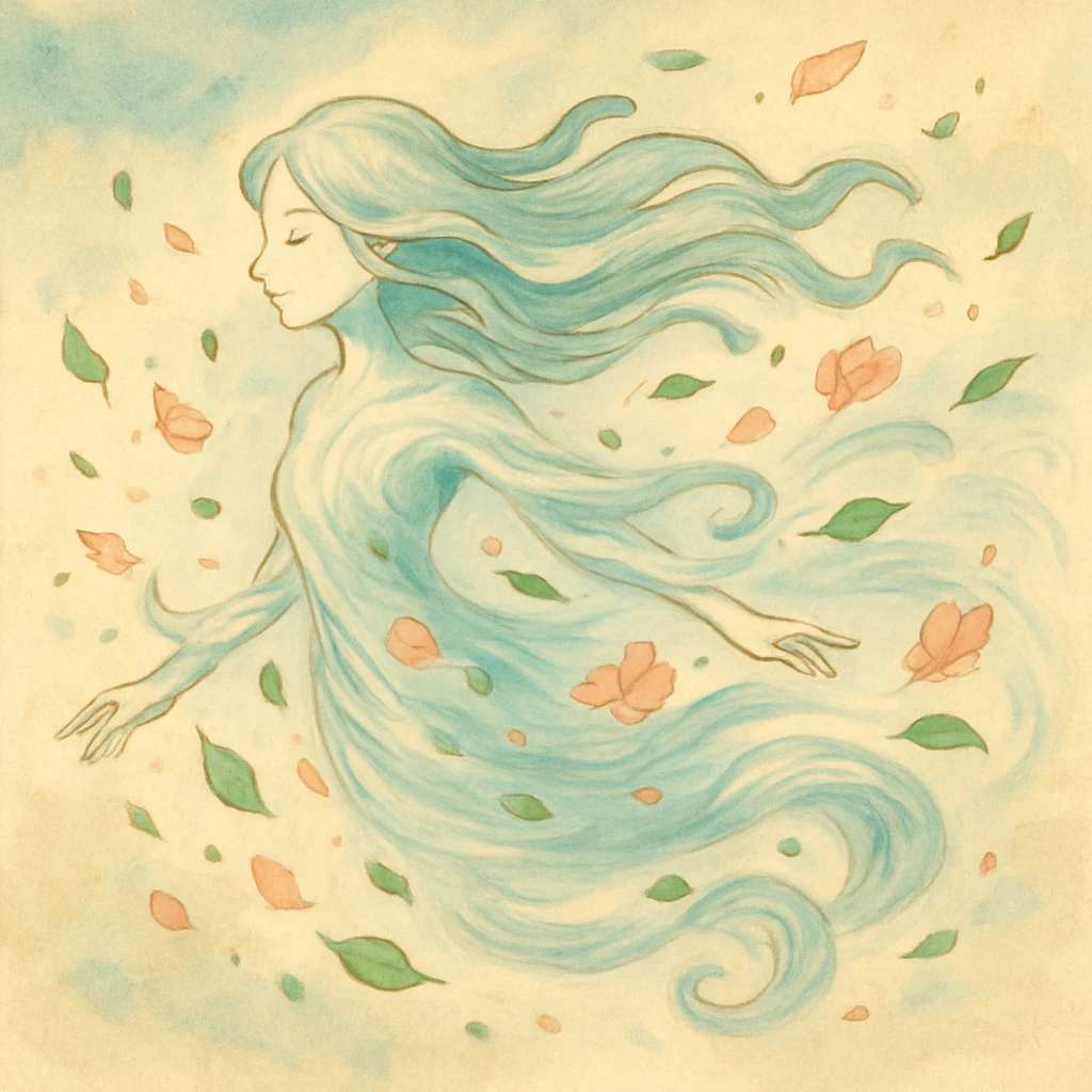 An elegant wind spirit with a flowing, ethereal body made of swirling air currents and flower petals, long flowing hair, visible only by the leaves and dust it carries, painted in a soft whimsical style emoji