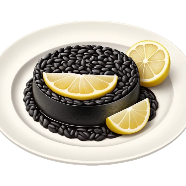 cinematic-realistic-black-risotto-dish,-showcasing-dramatic-lighting in a white plate with a single slice of grilled lemon on top emoji