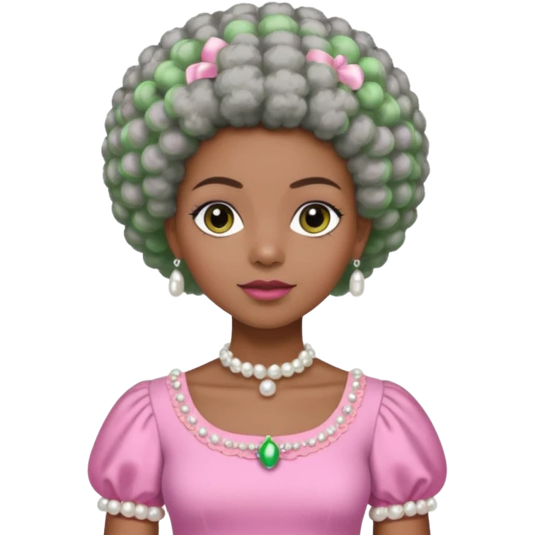 Pretty Brown woman with a very very short stylish gray Afro  wearing pink and green dress  and pearl blouse with sleeves emoji