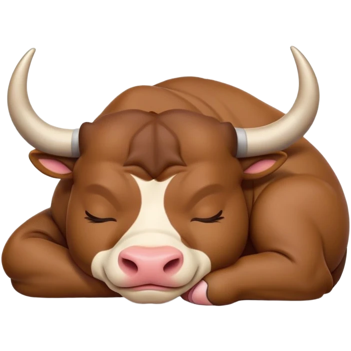 meme-worthy-cute-sleeping-domestic-bull-portrait-emoji,-head-resting-peacefully-with-a-contented-smile,-showcasing-a-robust,-muscular-build-and-a-luxuriously-soft-coat,-eyes-gently-closed-in-serene,-restful-slumber,-simplified,-solid-brown emoji