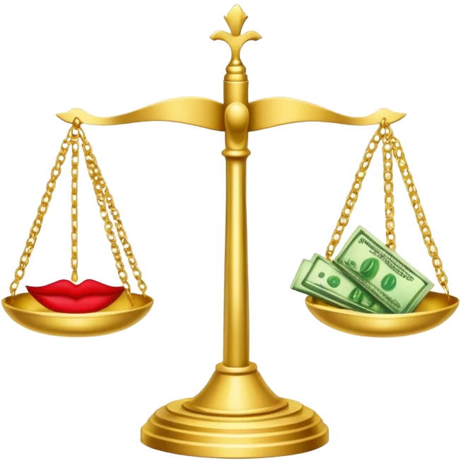 gold scale with green dollar bills on left side and lipstick and nail polish on right side emoji