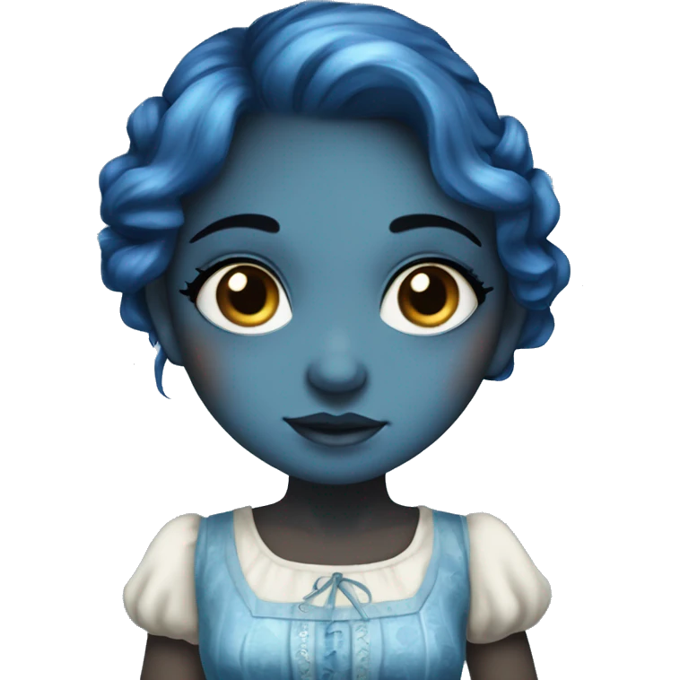 A beautiful blue skinned fantasy girl who has dark blue hair that shines. She has freckles on her nose and wears a cottage dress. emoji