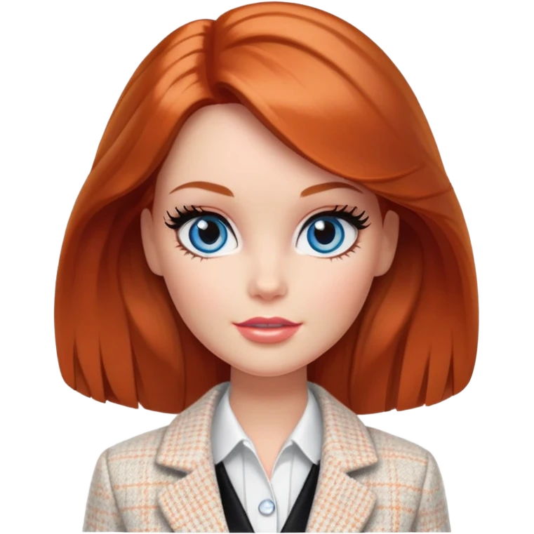 A Barbie girl with blue eyes, shoulder-length reddish-brown hair with makeup, wearing a white tweed jacket and a black skirt stands with hiskin orange cream emoji