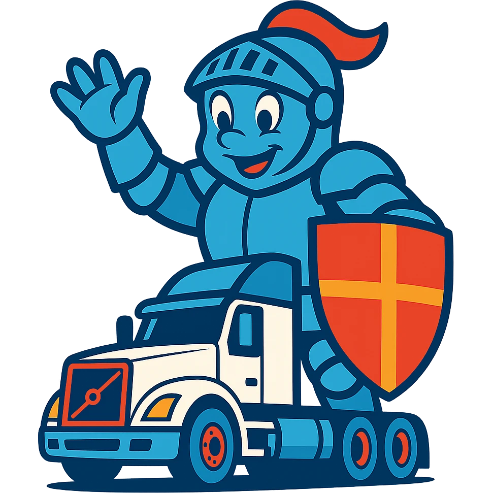 Transform Casper the ghost into a medieval knight in armor, much larger than the white semi truck, vibrant toon style with transparent background. emoji