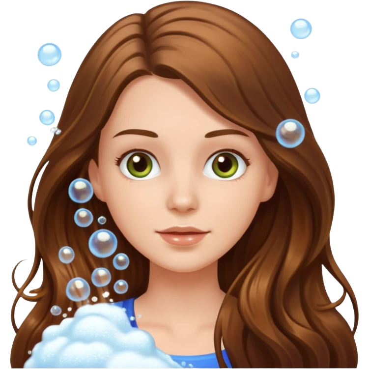 white long brunette hair girl with hazel eyes in the shower putting shampoo in with lots of bubbles emoji