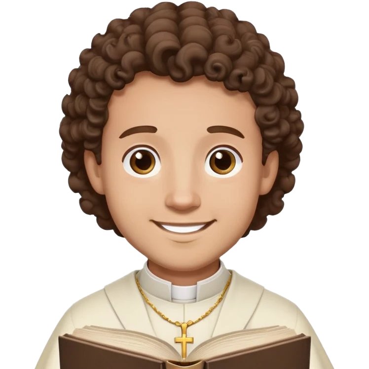 male priest with brown curls looking at bible and smiling emoji