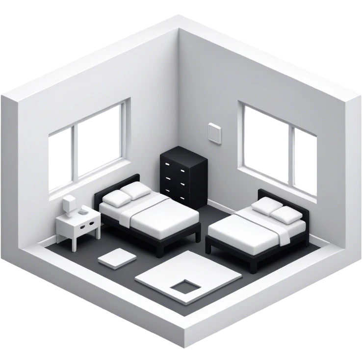 An isometric 3D room with two white walls that meet at the back left and right and a single Window. Black and White Home Office Room emoji