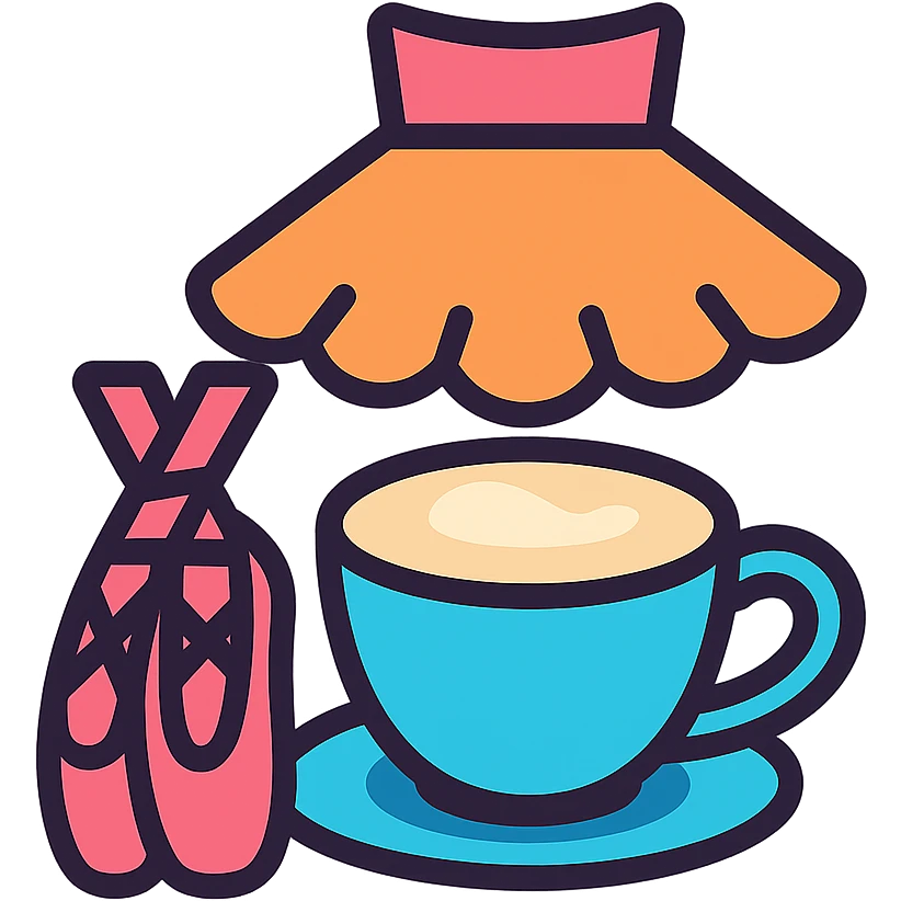 a cappuccino cup with ballet shoes and a pinkish-orange tutu, icon style emoji
