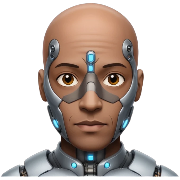 bald dark brown man, vertical half of his face covered in cyborg augmentations emoji