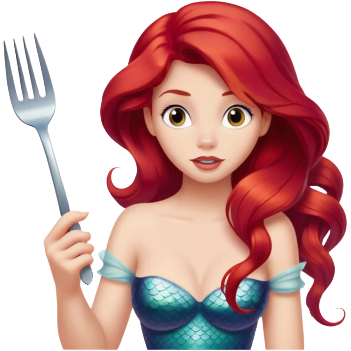 Disney Ariel mermaid with red hair holding a fork, curious expression emoji