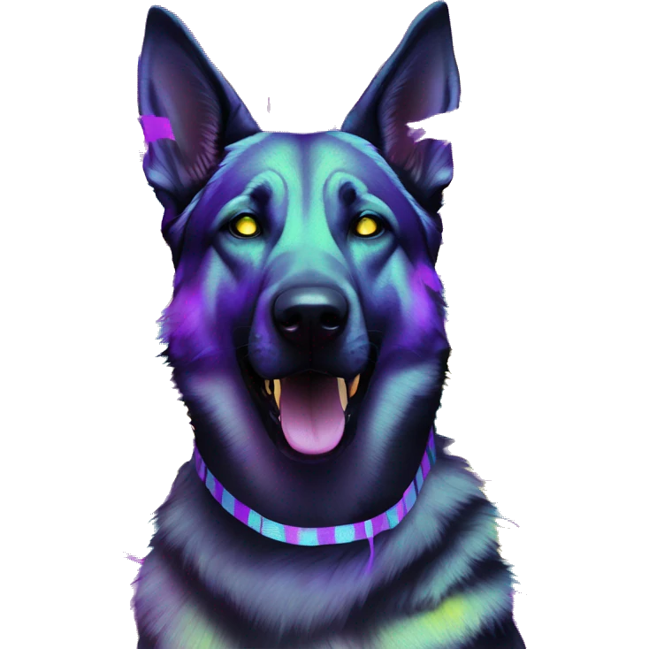 .Zombie_ Vaporwave black holographic oilslick zombie yellow Labrador German shepherd zombie dog yellow caution tape graffiti stripes iridescent blue purple mane yellow stripes emoji