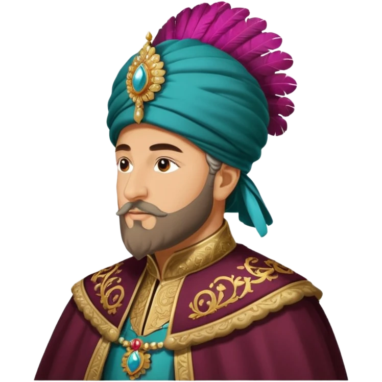 Fatih Sultan Mehmet, Ottoman sultan, with a feathered turban and ornate cloak, side profile emoji