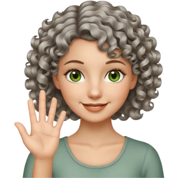 silver, short, wavy-haired with curls, smiling pretty lady, 2 fingers crossed on one hand, green/brown eyes emoji
