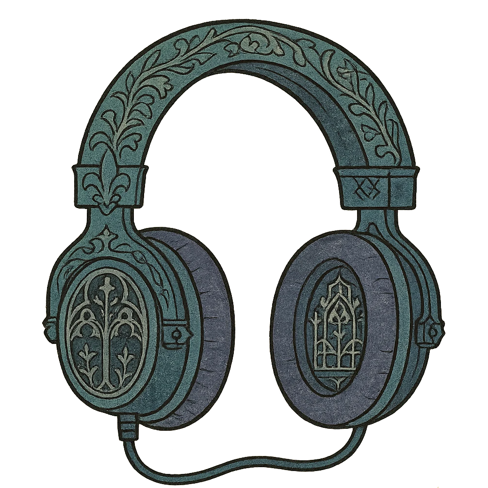black gothic headphones with illuminated manuscript-inspired gothic details in medieval art style emoji