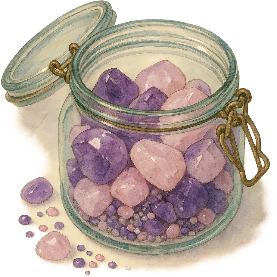realistic amethyst and rose quartz crystal pieces in an open glass jar, different shapes and sizes, pretty small pebbles, mixed together, natural colors, soft, fairy-like atmosphere, no background, square size emoji