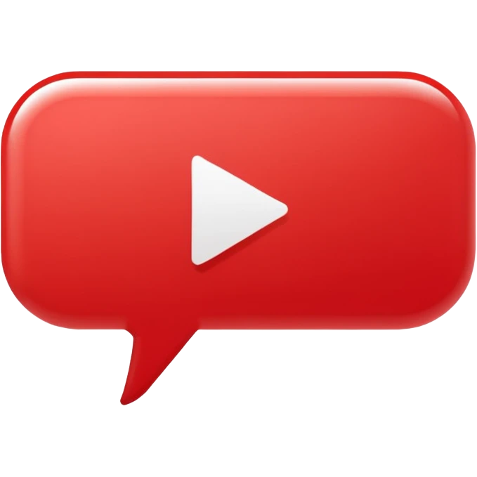 Minimal design featuring a red speech bubble that contains a white play button. On a white background, no text. Suggests intelligent conversation about video content. Clean, modern and tech-oriented emoji