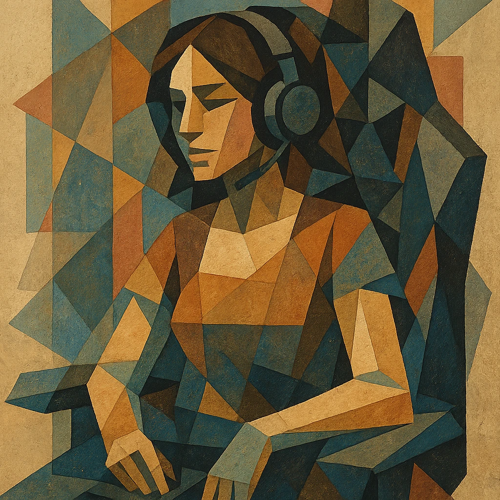 female streamer with headphones and a gaming chair, cubist abstraction style emoji