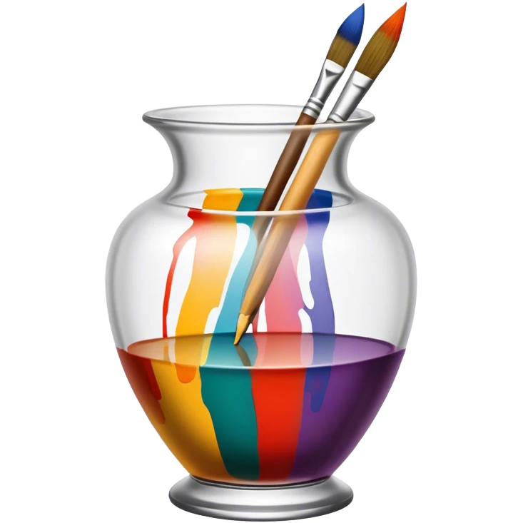 Glass painting icon, colorful brushstrokes on a glass vase, intricate painted patterns on the surface, visible fine paintbrush and palette beside it, no liquid inside the vase, minimalistic style, clean lines, transparent background. emoji