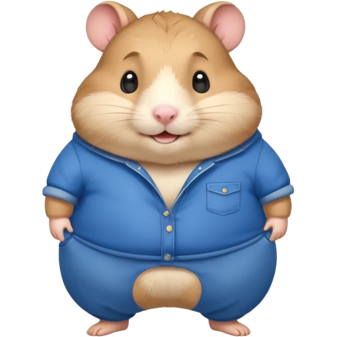 Cute chubby cartoon-style hamster wearing XXL pants that are WAY too big, proud and smiling expression. Painterly shading, white background, sticker-style illustration emoji