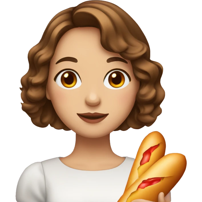 a french girl with brown mid-length wavy bob cut hair and brown eyes holding a baguette with an emoji heart,  emoji