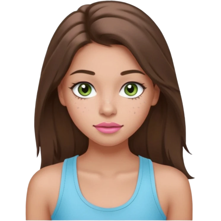 Create a teen girl wearing a light blue tank top. She will have long brunette hair, tan skin, pink lips, and grey-green eyes. She has long eyelashes. She also has light freckles  emoji