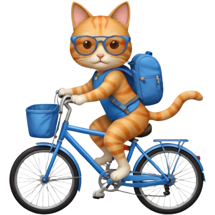 A cat is riding a bicycle and wearing a backpack. emoji
