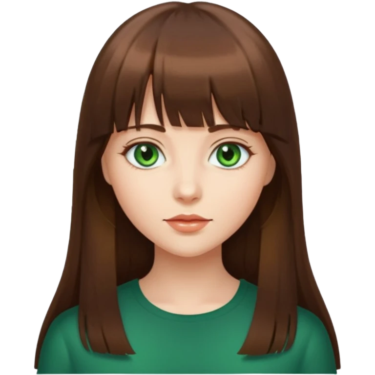 beautiful woman, straight long brown hair with bang, green eyes  emoji