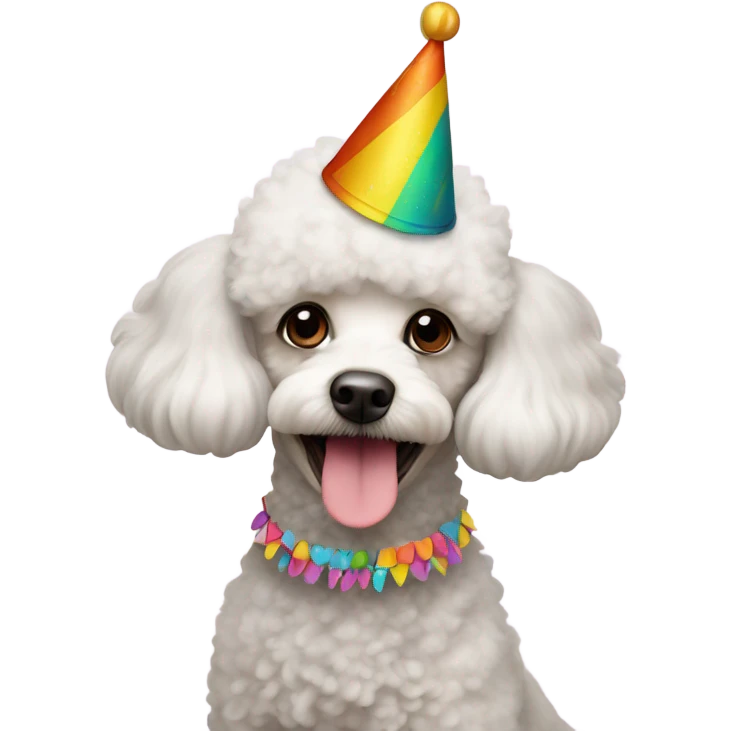 White Toy poodle wearing birthday hat emoji