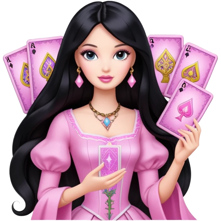 long black hair barbie with light pink tarot cards emoji
