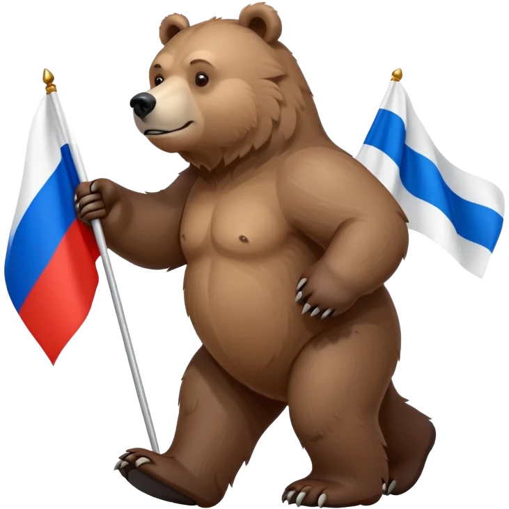 Light brown grizzly bear walking on four paws with small Russian flag (white, blue, red) on its back, realistic features emoji