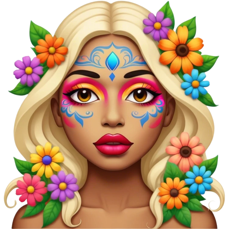 psychedelic colored lips surrounded by hippie style flowers emoji