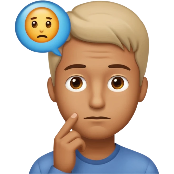 Realistic emoji-style man in simple everyday clothes, looking thoughtful and analytical. A thought bubble above his head shows a critical-thinking icon (question mark + magnifying glass). Soft lighting, expressive critical facial expression. emoji