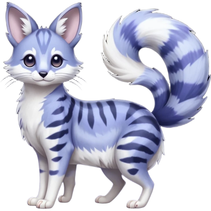  dull-colored gloomy-dark-deep-grayish-indigo-violet-gradients ghostly spectral spooky fur with random dark markings beautiful elegant pretty precious cute  Fakémon-Pokémon-opossum-feline-serval-caracal-chinchilla-Minccino-hybrid-creature with a big fluffy bushy striped tail (full body) emoji