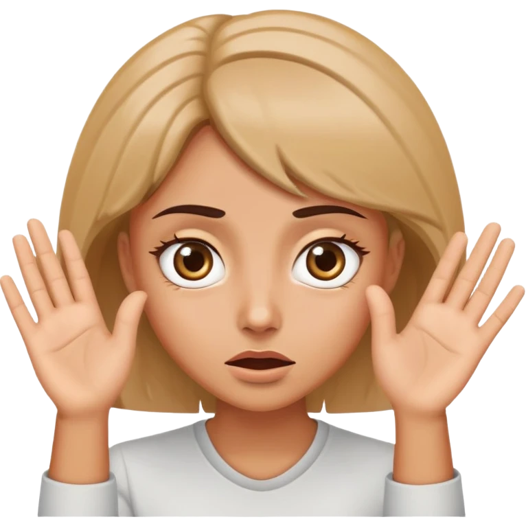 Woman with wide eyes and confused expression, hands raised by face emoji