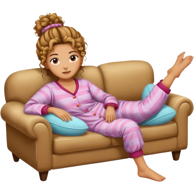 Tan curly messy bun lying on couch in pjs and slippers emoji