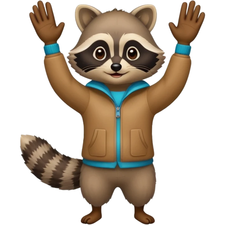 a full body raccoon celebrating hands up wearing fun outfit emoji