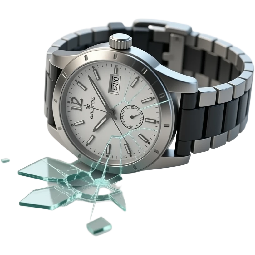A wristwatch fallen on the ground with its glass cracked and slightly shattered. The strap is twisted, small glass fragments scattered nearby. Subtle scratches on the surface, suggesting impact. Soft dramatic lighting, no people, clean floor background, realistic and detailed. emoji
