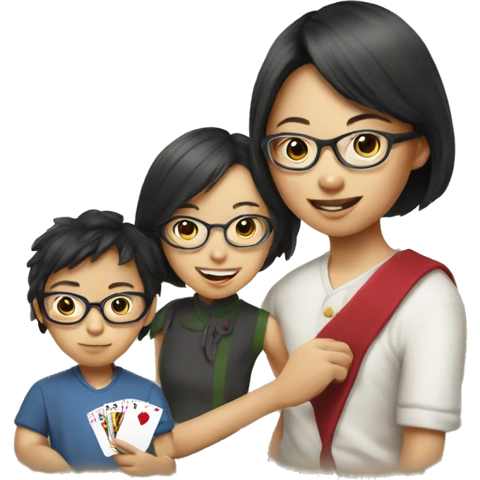 asian girls with glasses and boy playing card emoji
