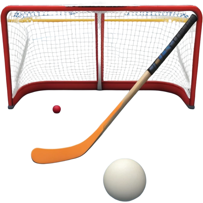 A ball and hockey stick resting on an ice rink, with the goalposts and clear markings in the background. The scene captures the unique nature of field hockey with a ball on ice, emphasizing the speed and precision of the sport in a cold, competitive atmosphere. emoji